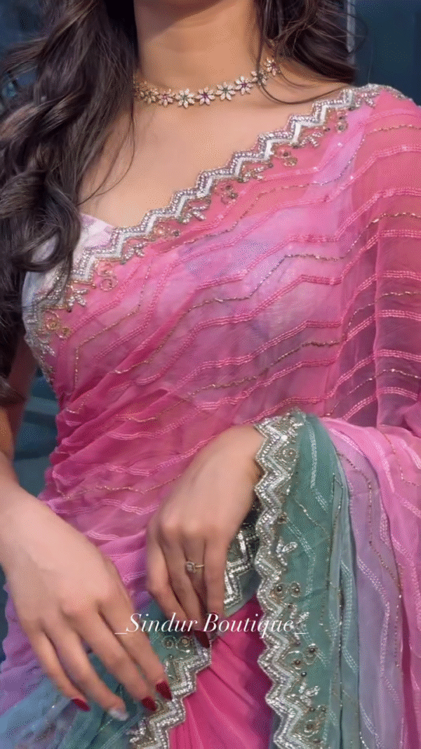 Rose Mist: Ombré Organza Saree with Chevron Shimmer - Image 4