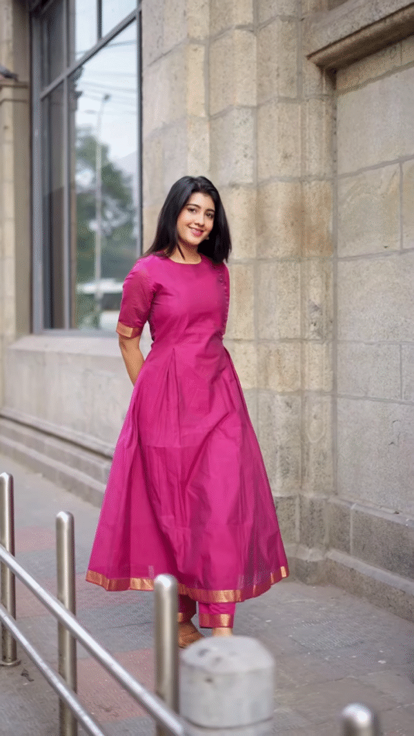 Elegant Magenta Flared Kurta Set with Gold Border – Timeless Ethnic Charm for Festive & Everyday Grace