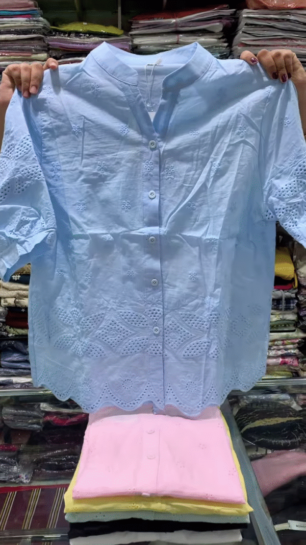 🌸 Breezy Charm: Cotton Schiffli Embroidered Shirt – Available in Multiple Pastel Shades ☁️