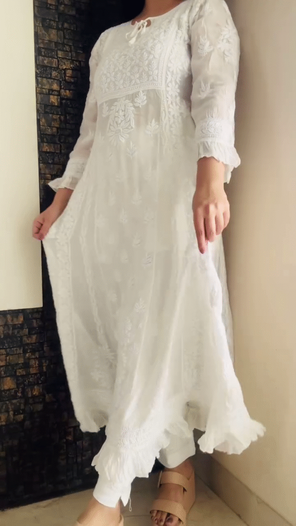 Grace in Every Thread – White Chikankari-Inspired Anarkali Kurta Set - Image 3