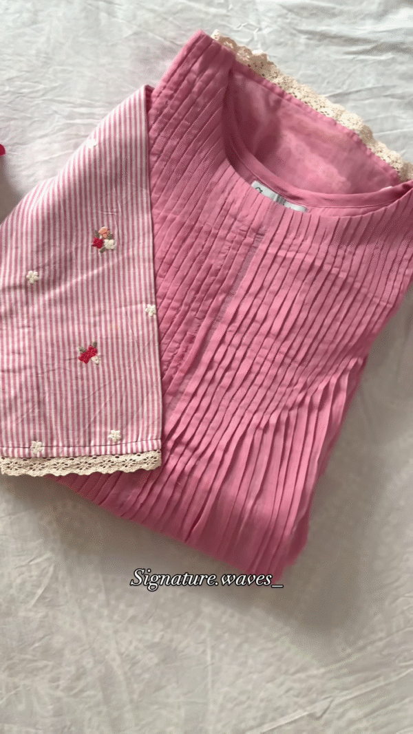 Blush Pink Hand-Pleated Kurti Set with Embroidered Striped Dupatta