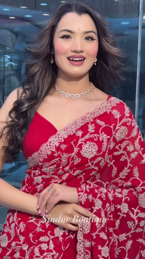 Radiant Red Embroidered Saree with Intricate Floral Detailing - Image 5