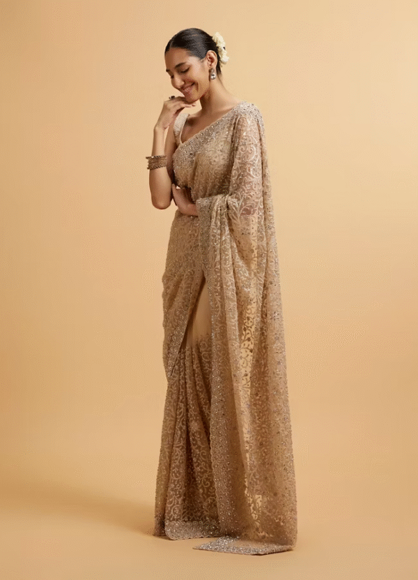 Beige Bel Buti Patterned Stone Embellished Saree - Image 5