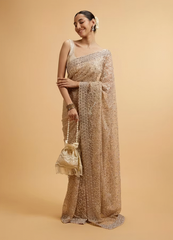 Beige Bel Buti Patterned Stone Embellished Saree - Image 2