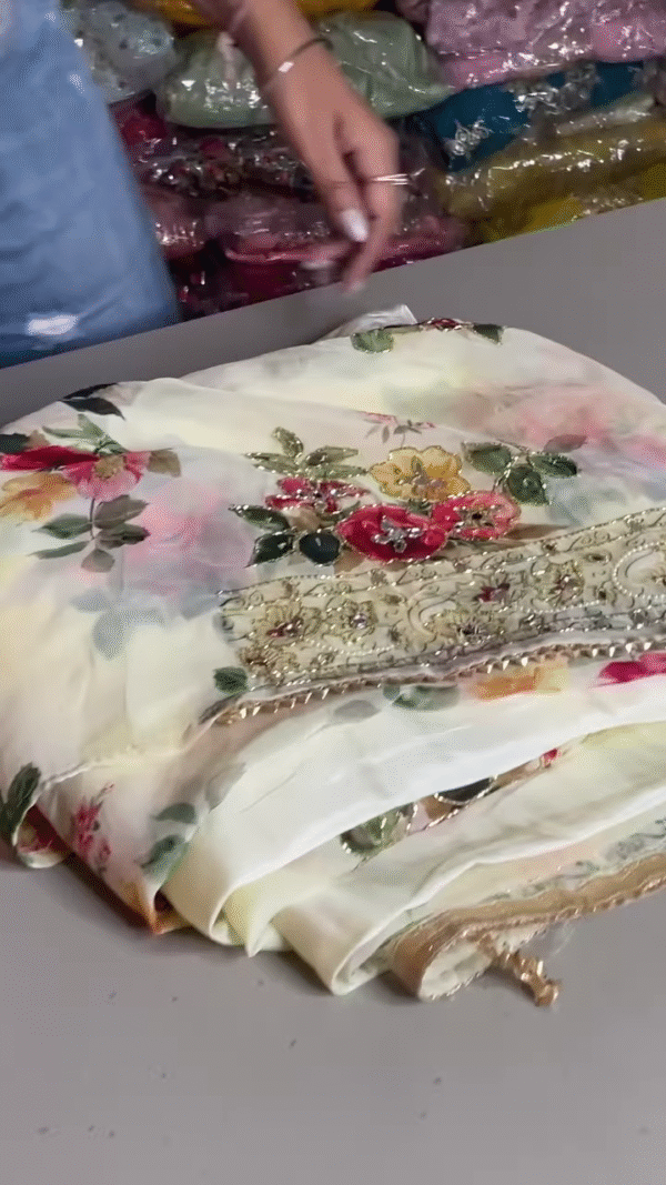 White Soft Tissue Silk Saree with Scalloped Sequins Zardozi Pearl Handwork – A Timeless Masterpiece of Elegance - Image 2